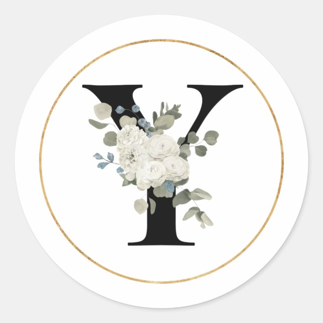 Eleganter White Floral Monogram Letter Y auf Weiß Runder Aufkleber (Vorderseite)