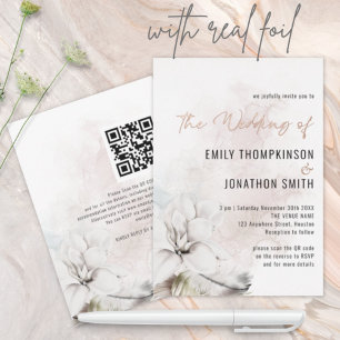 Eleganter White Florals Watercolor QR Code Hochzei Folieneinladung