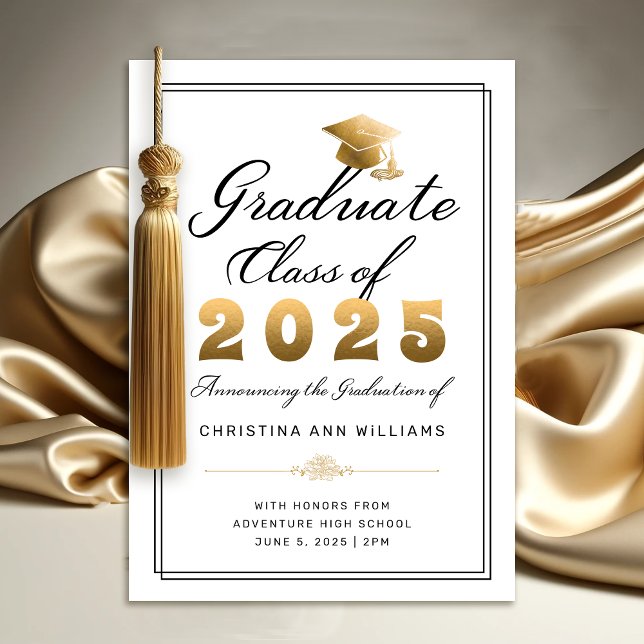 Eleganter White Gold Black Script 2025 Abschluss Ankündigung (Elegant White Gold Script Graduation Announcement)