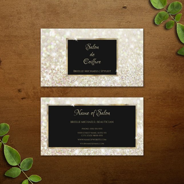 Eleganter White Gold Glitzer Black and Gold Salon Visitenkarte (Elegant White Gold Glitter Black and Gold Salon Business Cards)