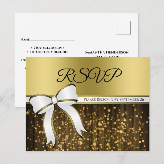 Eleganter White & Gold Ribbon glamouröse Hochzeit  Postkarte (Vorne/Hinten)