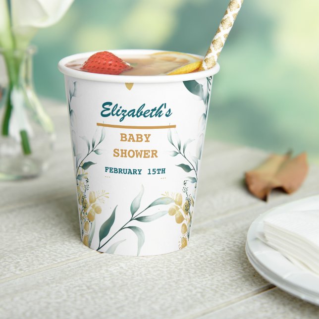 Eleganter White & Green Baby Duwer Paper Cups Temp Pappbecher (Elegant White & Green Baby Shower Paper Cups Template - Editable & Printable)