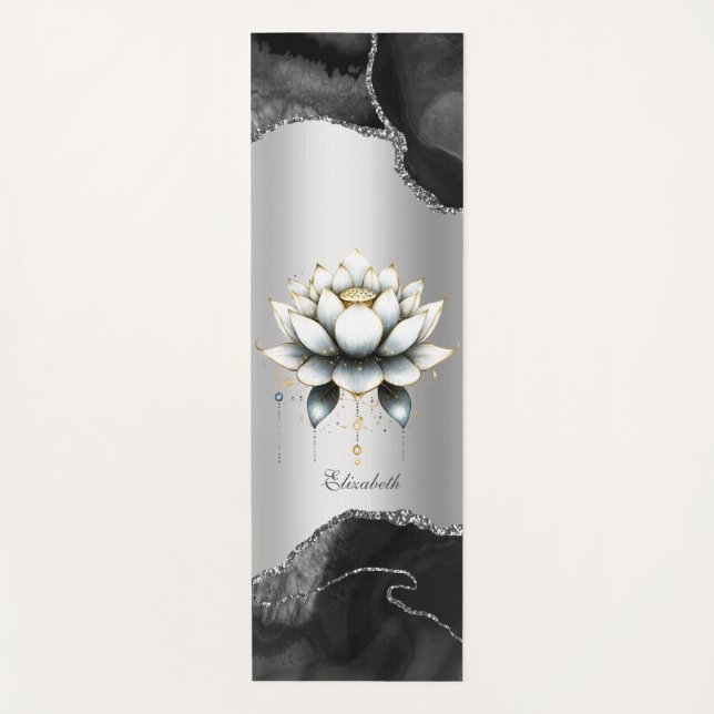 Eleganter White Lotus Black Marble Glitzer Yoga Yogamatte (Vorderseite)