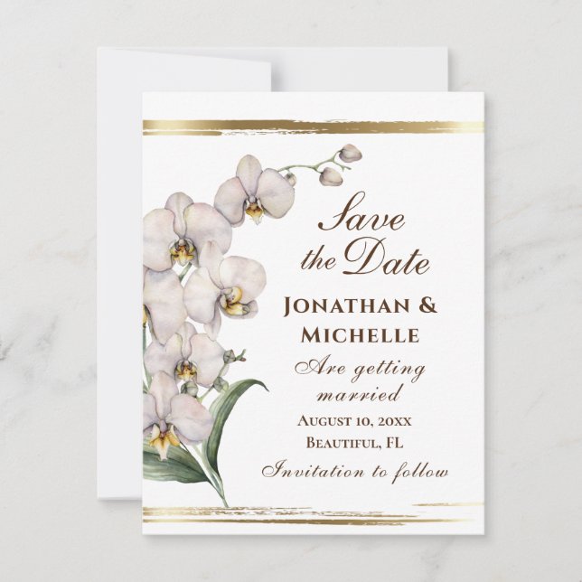 Eleganter White Orchids Gold Frame Christlich Save The Date (Vorderseite)