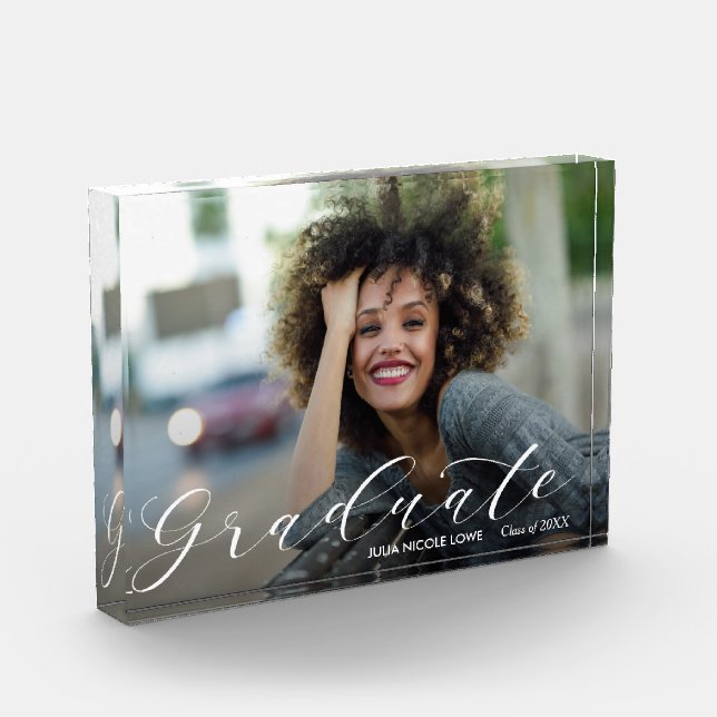 Eleganter White Script Abschluss Modern Fotoblock (Links)