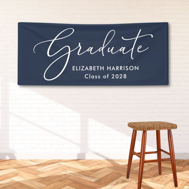 Eleganter White Script Blue Abschluss Banner (Von Creator hochgeladen)