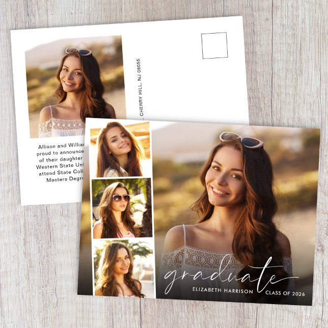 Eleganter White Script Foto Strip Abschluss Ankündigungspostkarte (Cherish the milestone: share your graduate's achievement with a custom photo graduation announcement)