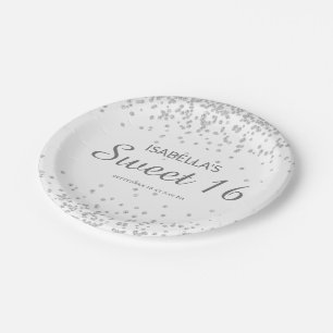 Eleganter White Silver Glitzer Sweet 16 Name Pappteller