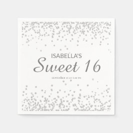 Eleganter White Silver Glitzer Sweet 16 Name Serviette