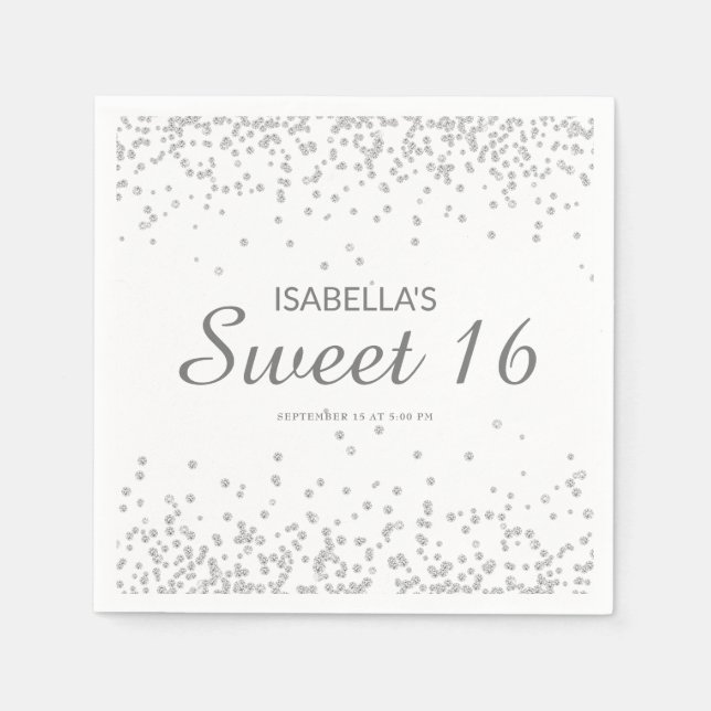 Eleganter White Silver Glitzer Sweet 16 Name Serviette (Vorderseite)