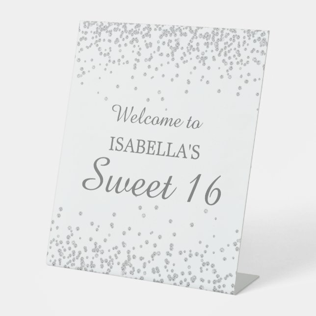 Eleganter White Silver Glitzer Sweet 16 Willkommen Sockelschild (Vorderseite)