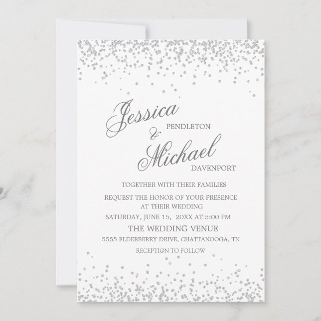 Eleganter White Silver Glitzer Wedding Einladung (Vorderseite)