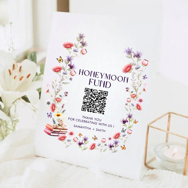 Eleganter Wildblumen-Hochzeits-Spar-QR-Code Sockelschild (Elegant wildflower honeymoon fund QR code sign with watercolor florals and modern charm.)