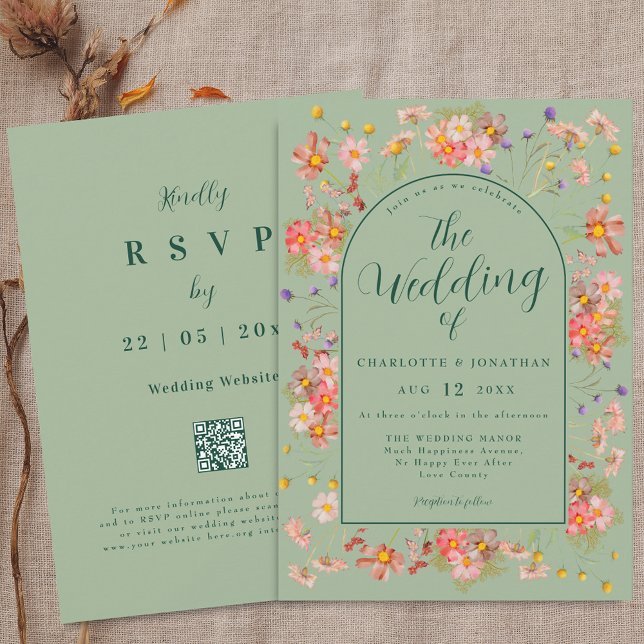 Eleganter Wildblumenbogen Hellgrüne Hochzeit Einladung (Wildflower elegant floral arch sage green Wedding qr code invitation Boho fall rustic meadow flowers)