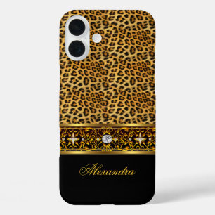 Eleganter wilder Leopard Schwarz Gold Schmuck Hart iPhone 16 Plus Hülle