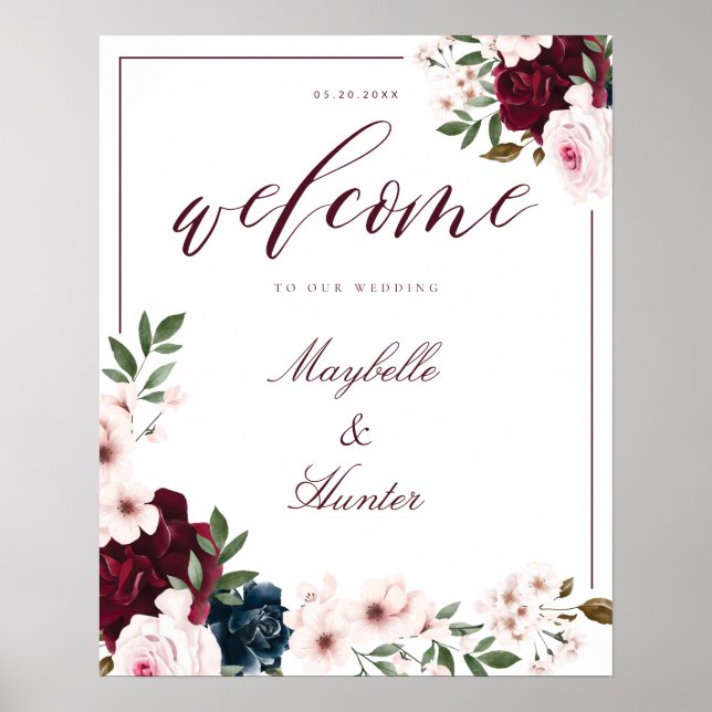 Eleganter Willkommensgeist Burgund & Navy Floral Poster (Vorne)