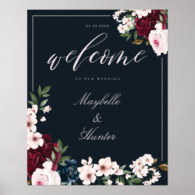 Eleganter Willkommensgeist Burgund & Navy Floral Poster (Vorne)