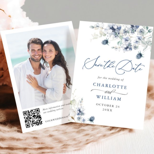 Eleganter Winter Blue Foliage Boho Wedding QR-Code Save The Date (Von Creator hochgeladen)