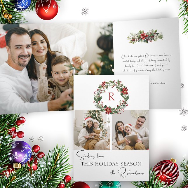 Eleganter Winter-Blumenkranz mit Monogramm 2-Fotos Dreifach Gefaltete Urlaubskarte (Von Creator hochgeladen)