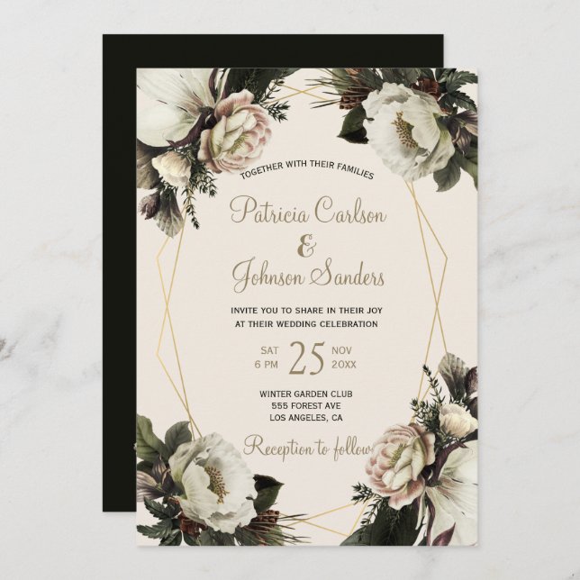 Eleganter Winter-Blütengolden Einladung (Vorne/Hinten)