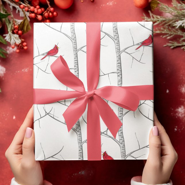 Eleganter Winter Botanischer Roter Kardinal Birch  Geschenkpapier (Simple elegant red cardinal wrapping paper with woodland birch trees)