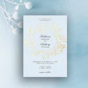 Eleganter Winter-Eisblauer-Gold-Beeren-Kranz-Hochz Folieneinladung