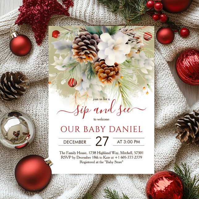 Eleganter Winter Evergreen Baby Shower Sip & See Einladung (Elegant Winter Evergreen Baby Shower Sip & See Invitation)