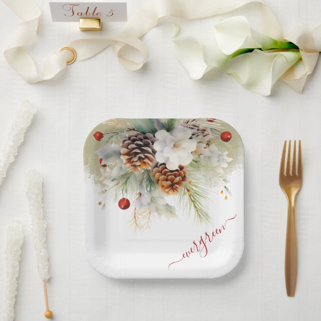 Eleganter Winter Evergreen Watercolor Kinderdusche Pappteller (Hochzeit)
