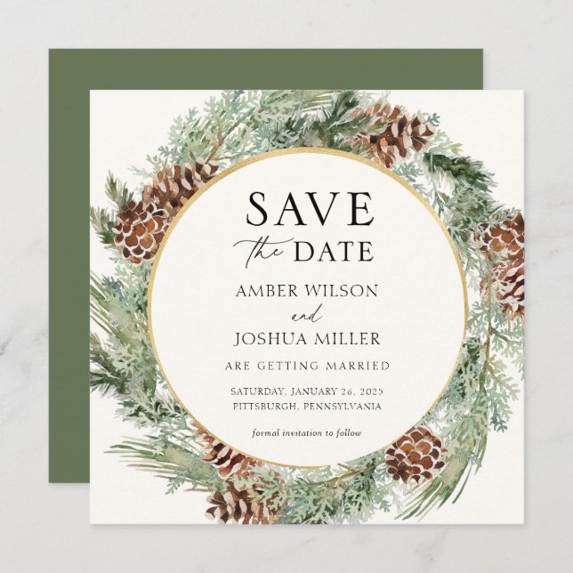 Eleganter Winter Evergreen Wedding Save the Date Einladung (Vorne/Hinten)