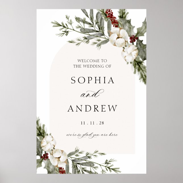Eleganter Winter Floral Arch Wedding Willkommen Poster (Vorne)