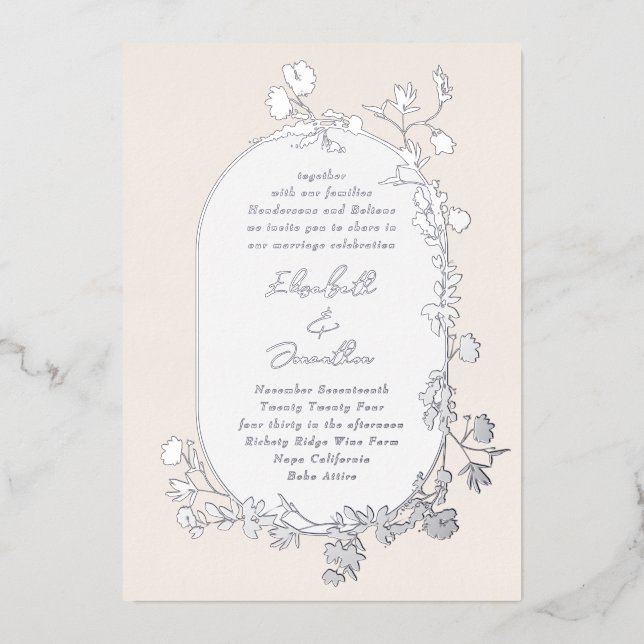 Eleganter Winter Frame Wreath Floral Silver Folieneinladung (Vorderseite)