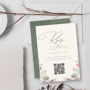 Eleganter Winter Greenery Watercolor Wedding QR Co RSVP Karte
