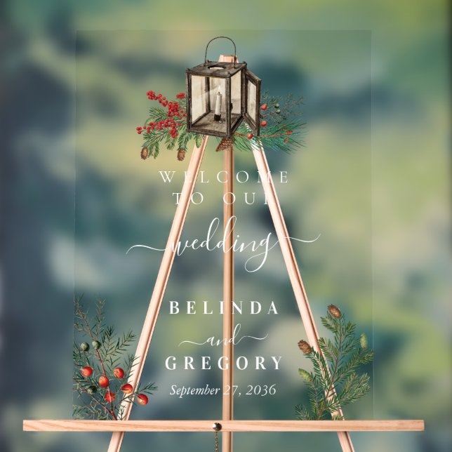 Eleganter Winter Rustic Pine Trees Lantern Wedding Acrylschild (Neutral)