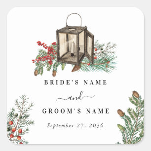 Eleganter Winter Rustic Pine Trees Lantern Wedding Quadratischer Aufkleber