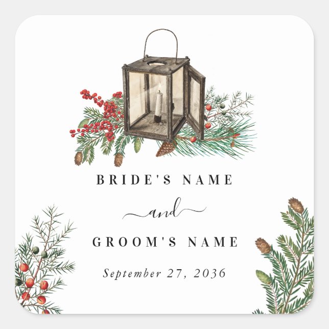 Eleganter Winter Rustic Pine Trees Lantern Wedding Quadratischer Aufkleber (Vorderseite)