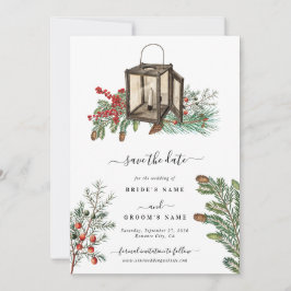 Eleganter Winter Rustic Pine Trees Lantern Wedding Save The Date