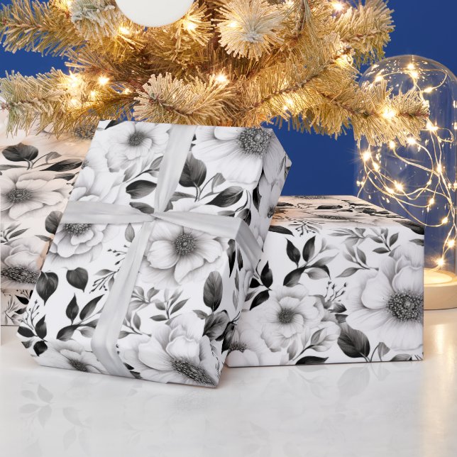 Eleganter Winter Schwarz-Weiß-Blumen Weihnachten Geschenkpapier (Feiertage)