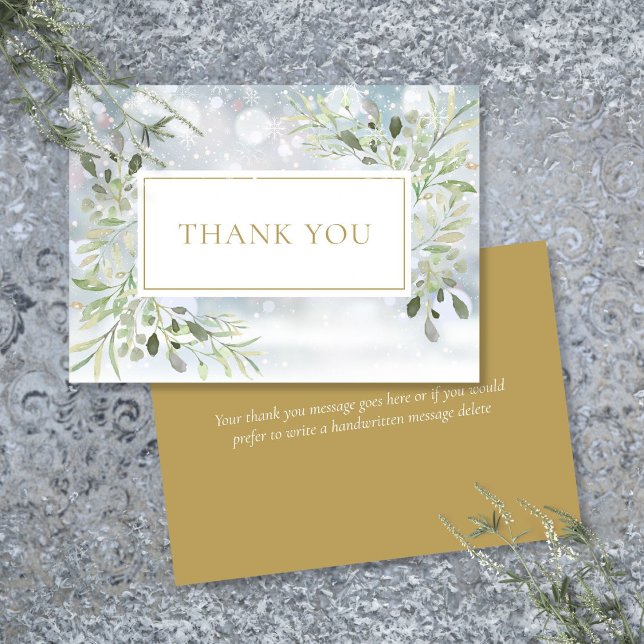 Eleganter Winter Snowflakes Grüne Weinroute Mendri Dankeskarte (Elegant Winter Snowflakes Greenery Gold Thank You Card)
