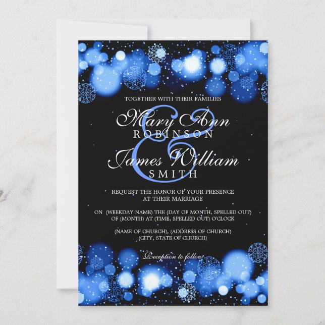 Eleganter Winter Wedding Blue Lights Einladung (Vorderseite)