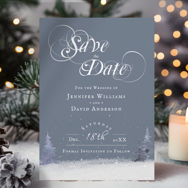 Eleganter Winter Wonderland Themed Dusty Blue Snow Save The Date (Von Creator hochgeladen)