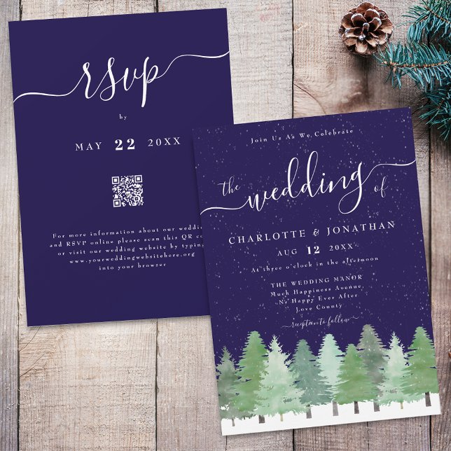 Eleganter Winter Woodland Navy Blue Wedding Qr Cod Einladung (Winter Woodland forest watercolor navy blue and white wedding qr code invitation elegant script )