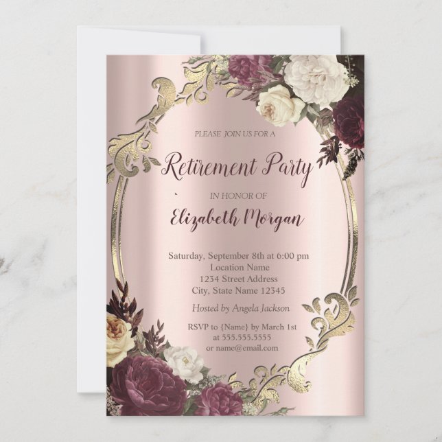 Eleganter Wirbel Gold Frame, Burgund Rente Einladung (Vorderseite)