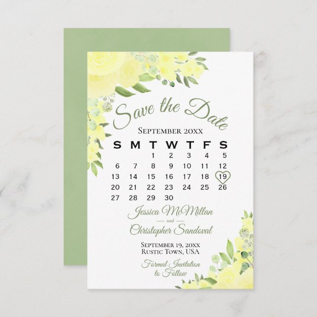 Eleganter Yellow Watercolor Blumenkalender Save The Date (Vorne/Hinten)
