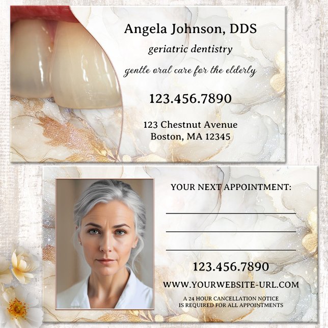 Eleganter Zahnarzt Terminkarte (Geriatric dentist appointment  business card with teeth of an elderly lady and a porcelain design)