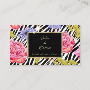 Eleganter Zebra Print Pink Floral Gold Frame Salon Visitenkarte