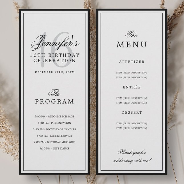 Elegantes 16. Geburtstagsfeier-Programm + Menü  Einladung (Elegant 16th Birthday Party Program + Menu )