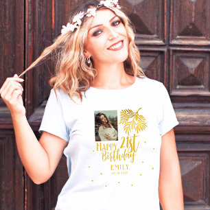 Elegantes 21. Geburtstag Gold Foliage Foto Party T-Shirt