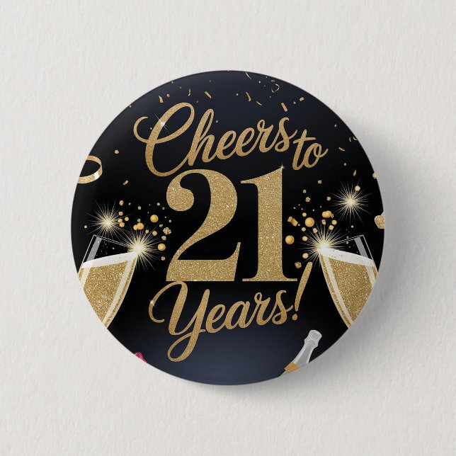 "Elegantes 21. Geburtstagsdesign - Goldener Glitze Button (Vorderseite)