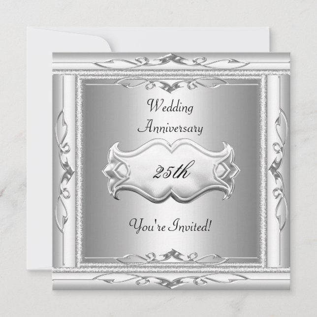 Elegantes 25. Hochzeitstil Weißes Silber Einladung (Vorderseite)