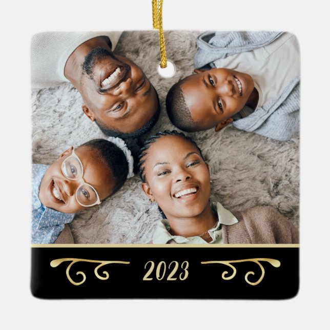Elegantes 2-Foto-Foto für 2-seitige Familienmitgli Keramikornament (Vorderseite)